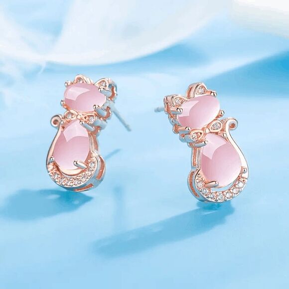 Diamond Pink Opal Cat Stud Earrings - Picture 3 of 6